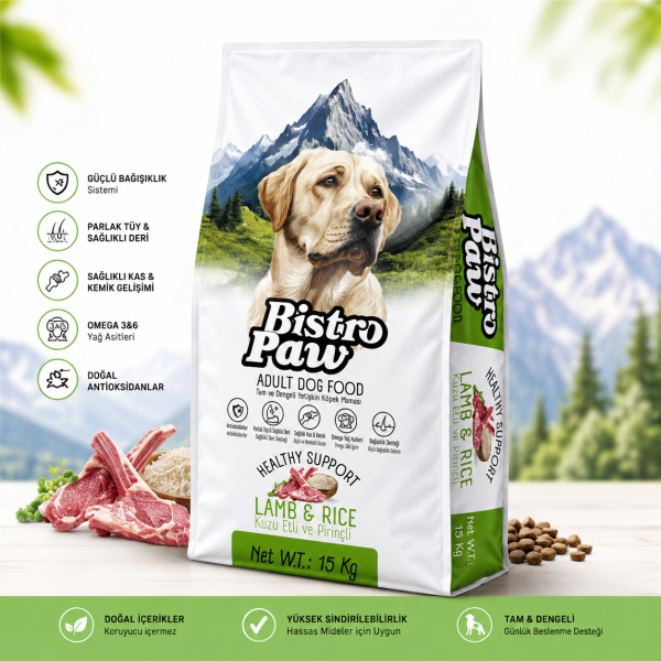 BISTRO PAW YETİŞKİN KÖPEK MAMASI KUZULU & PRİNÇLİ 15 KG